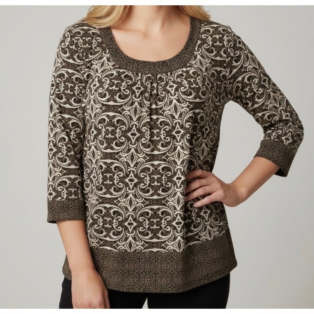 Liz Claiborne Womens Brown Cream Damask Scroll 3/4 Sleeve Scoop Neck Blouse L